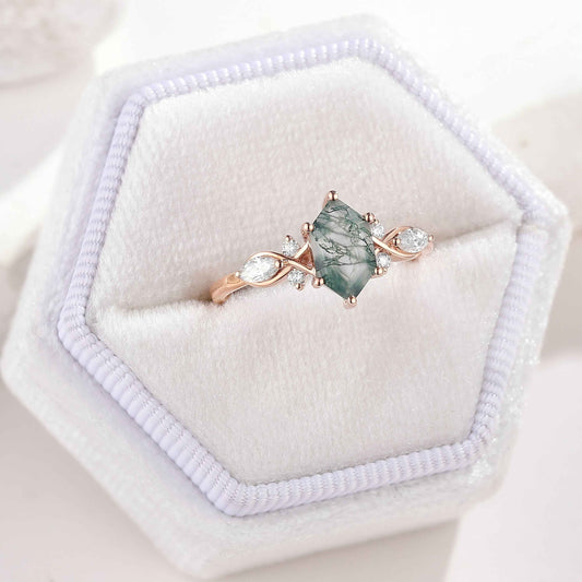 Unique Hexagon Shaped Moss Agate Engagement Ring