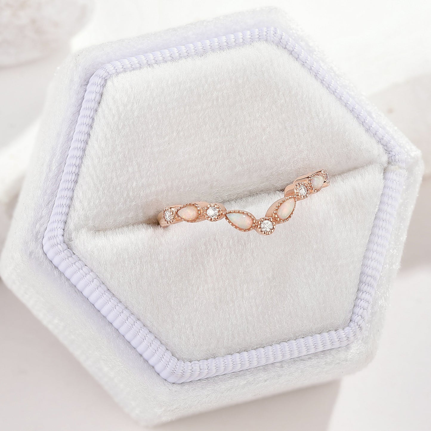 Vintage Opal Moissanite Stackable Chevron Wedding Band For Women