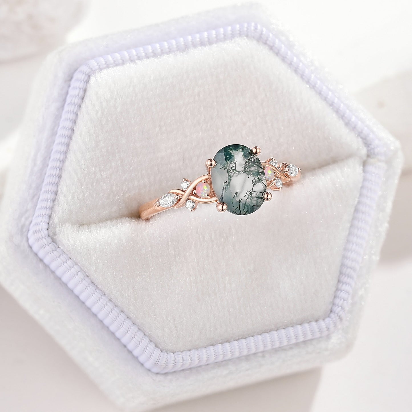 Nature Inspired Oval Cut Moss Agate Engagement Ring Opal Cluster