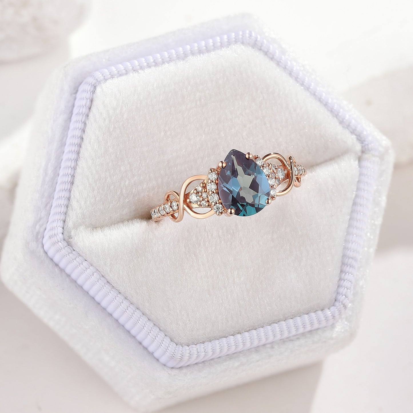 Pear Cut Alexandrite Engagement Ring Moissanite Cluster Rose Gold Ring