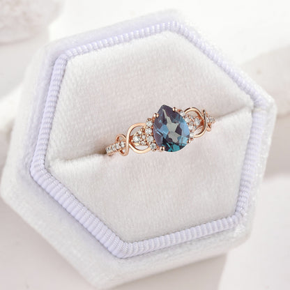 Pear Cut Alexandrite Engagement Ring Moissanite Cluster Rose Gold Ring