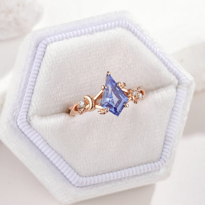 Unique Design Kite Shaped Lab Sapphire Engagement Ring Leaf Ring