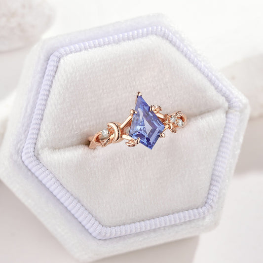 Unique Design Kite Shaped Lab Sapphire Engagement Ring Leaf Ring