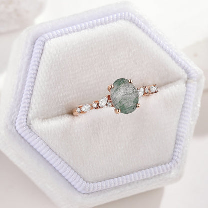 Nature Inspired Oval Cut Moss Agate Engagement Ring Moissanite Cluster