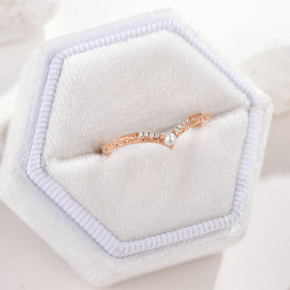 Vintage Rose Gold Moissanite Pearl Chevron Wedding Band