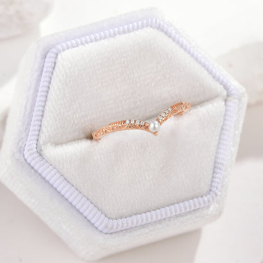 Vintage Rose Gold Moissanite Pearl Chevron Wedding Band