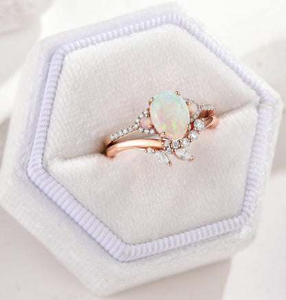 Oval Cut Opal Engagement Ring Set Chevron Wedding Band 2pcs