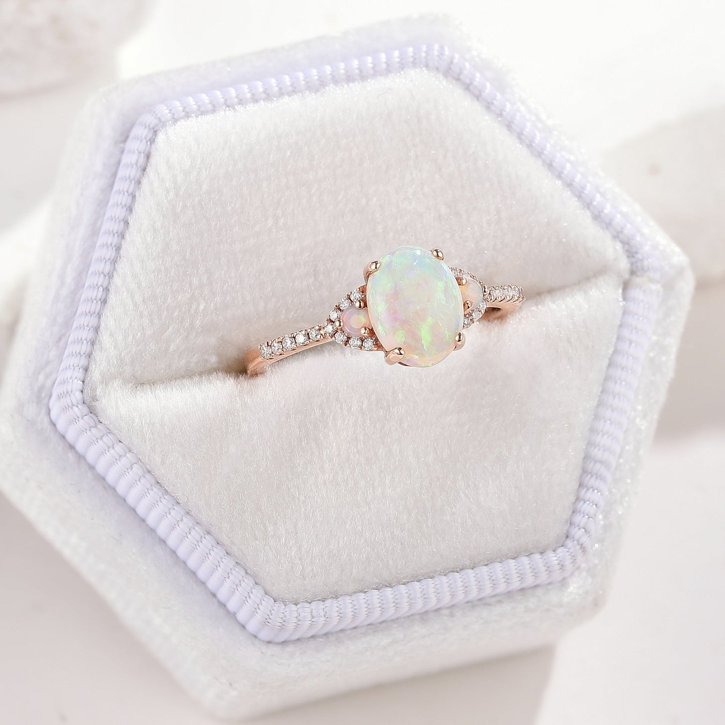 Natural Opal Oval Cut Engagement Ring with Side Stones in 14K Rose Gold