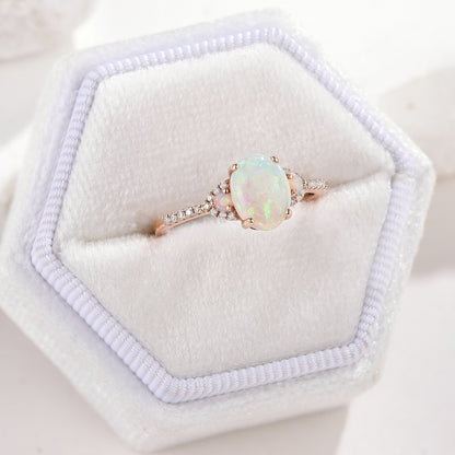 Natural Opal Oval Cut Engagement Ring with Side Stones in 14K Rose Gold