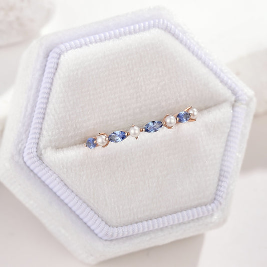 Marquise Cut Cornflower Sapphire Pearl Straight Wedding Band