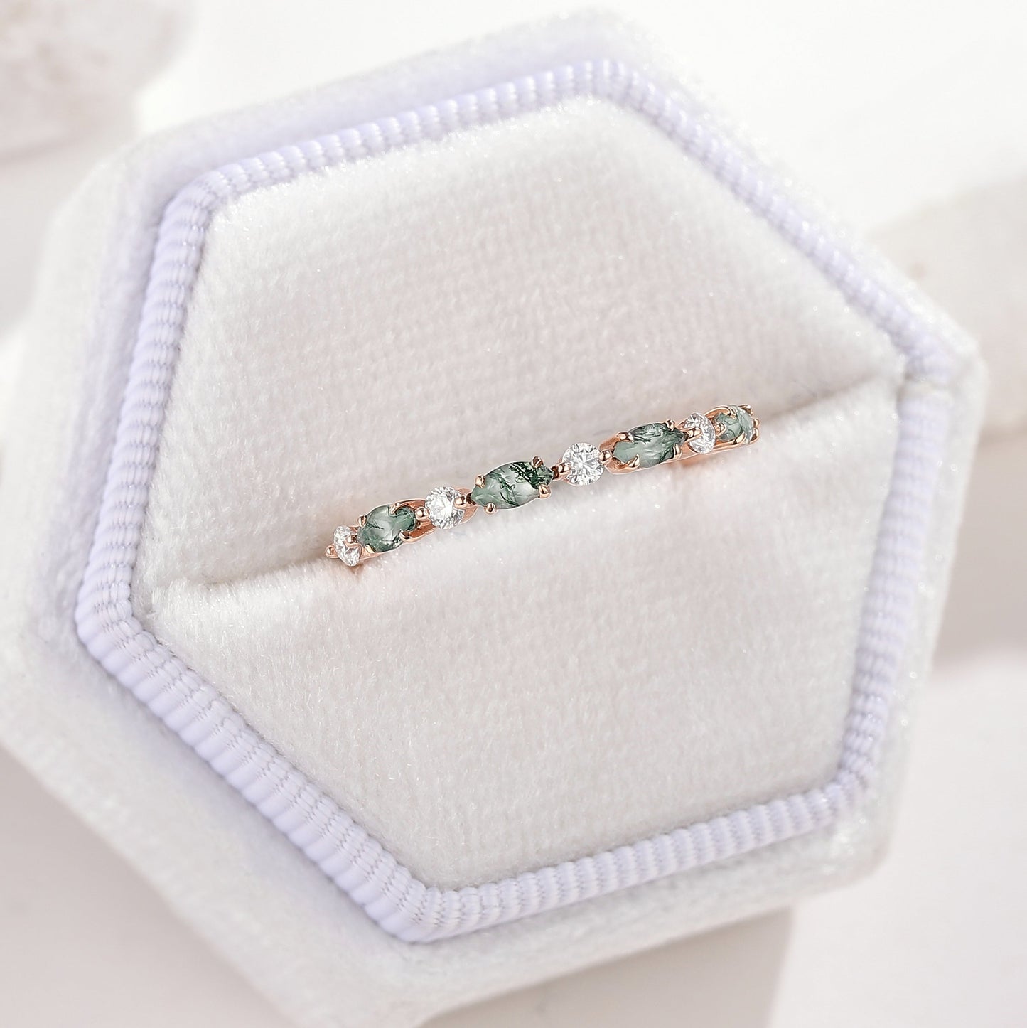 Marquise Cut Moss Agate Moissanite Straight Wedding Band