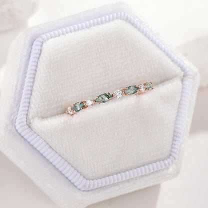 Marquise Cut Moss Agate Moissanite Straight Wedding Band