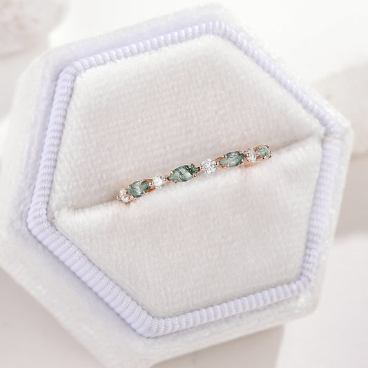 Marquise Cut Moss Agate Moissanite Straight Wedding Band