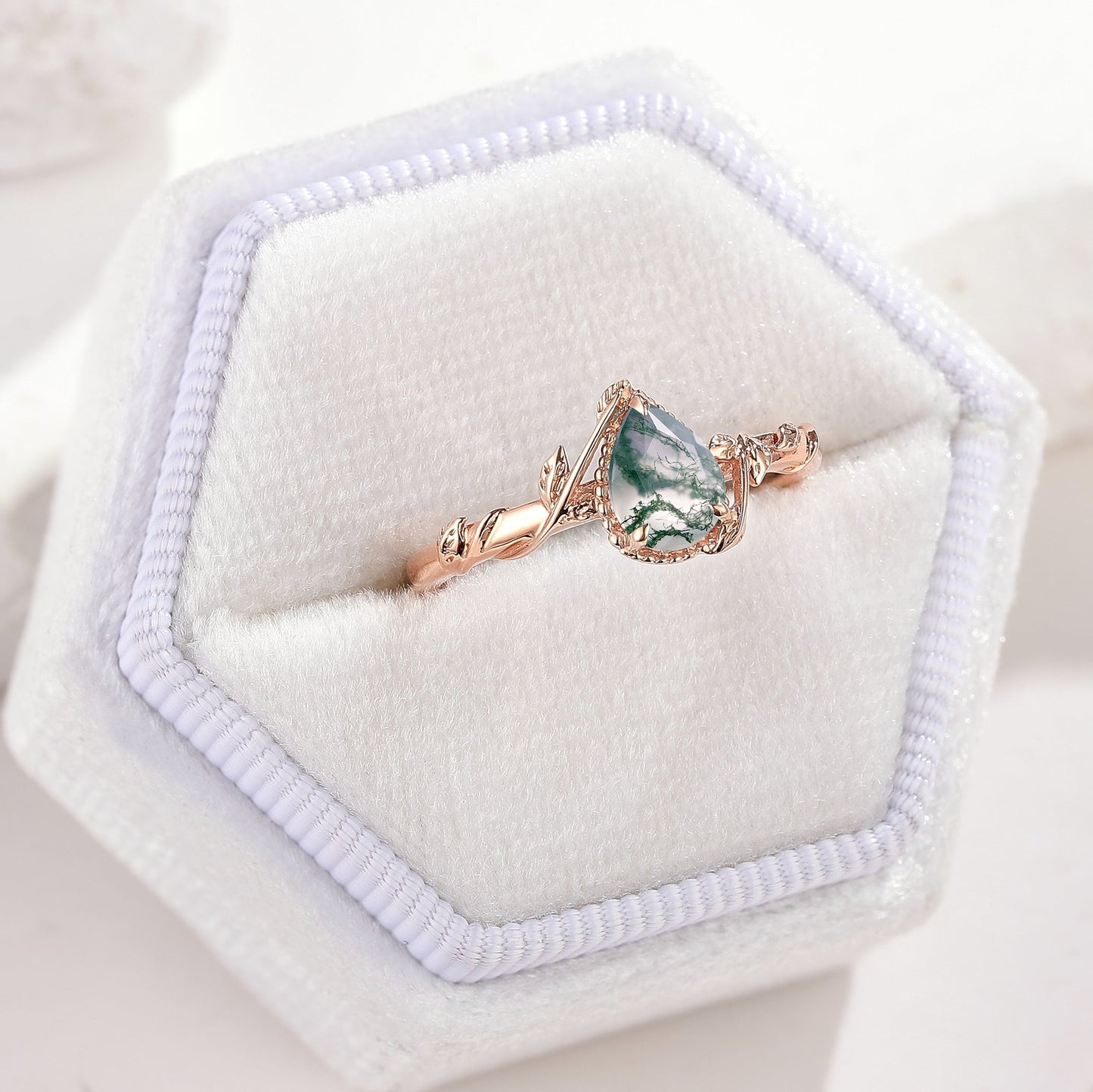Pear Cut Moss Agate Engagement Ring Nature Inspired Leaf Ring