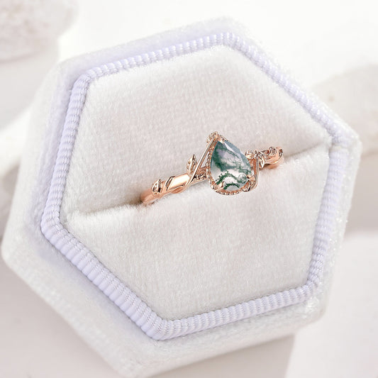 Pear Cut Moss Agate Engagement Ring Nature Inspired Leaf Ring
