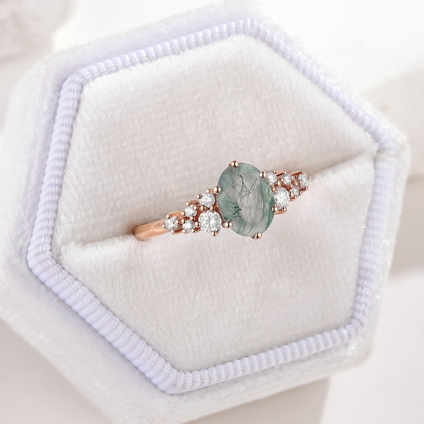 Oval Cut Moss Agate Engagement Ring Moissanite Cluster