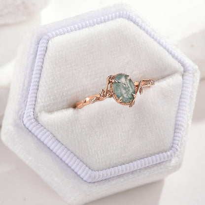 Oval Cut Nature Inspired  Leafy Moss Agate Engagement Ring