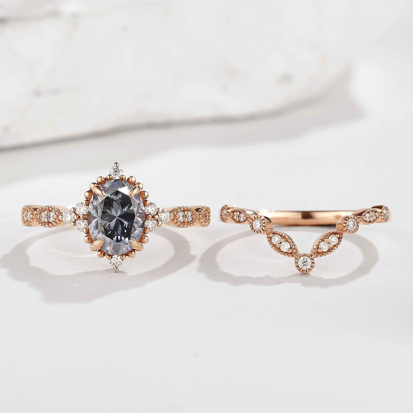 Oval Black Moissanite Engagement Ring Set Chevron Moissanite Wedding Band