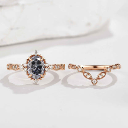 Oval Black Moissanite Engagement Ring Set Chevron Moissanite Wedding Band
