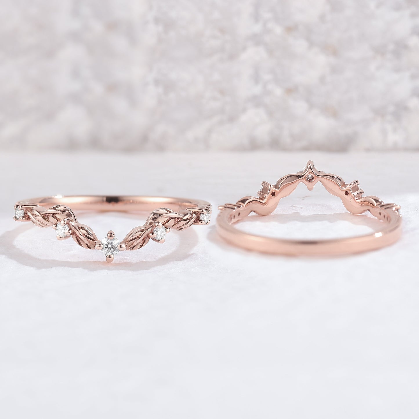 Curved Round Cut Moissanite Leaf Stacking Ring Sterling Silver