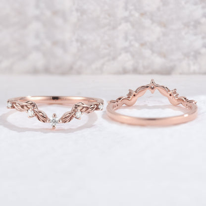 Curved Round Cut Moissanite Leaf Stacking Ring Sterling Silver