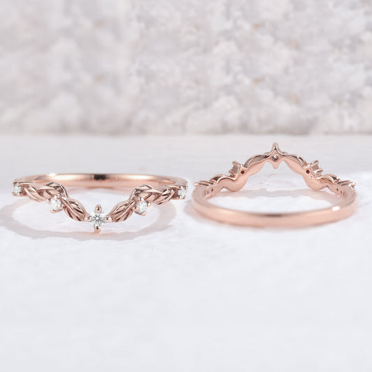 Curved Round Cut Moissanite Leaf Stacking Ring Sterling Silver