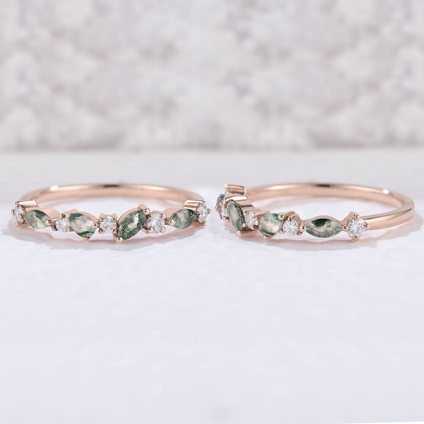 Straight Marquise Moss Agate and Round Moissanite Half Silver Stacking Ring