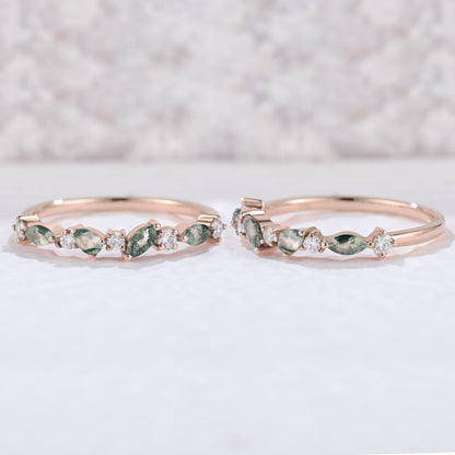 Straight Marquise Moss Agate and Round Moissanite Half Silver Stacking Ring