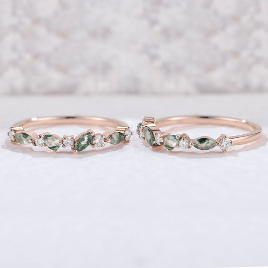 Straight Marquise Moss Agate and Round Moissanite Half Silver Stacking Ring
