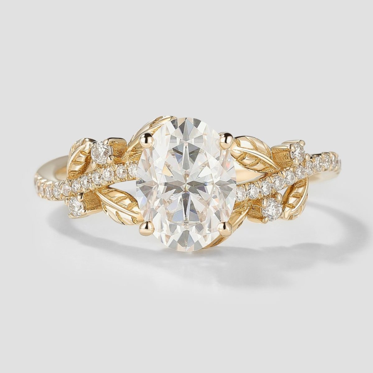 Nature Inspired Oval Cut Moissanite Engagement Ring Leaf Ring