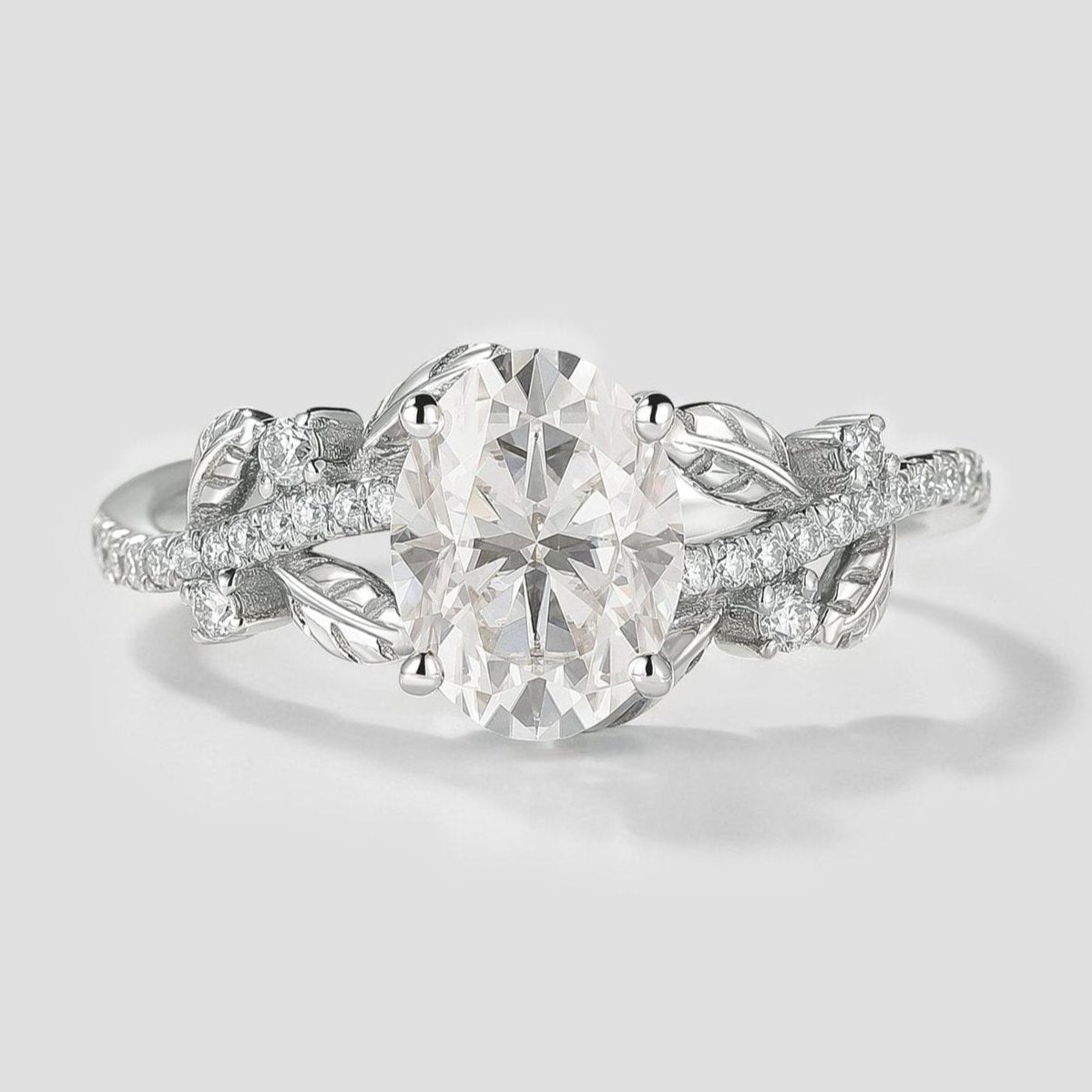 Nature Inspired Oval Cut Moissanite Engagement Ring Leaf Ring