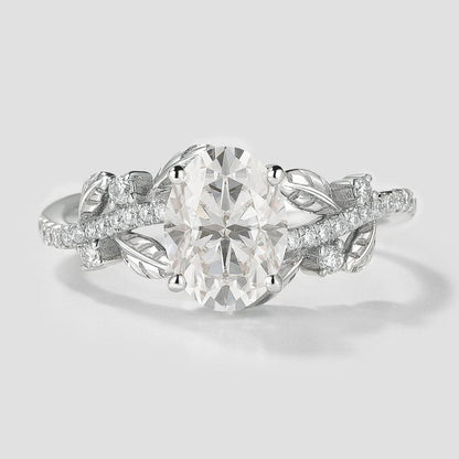 Nature Inspired Oval Cut Moissanite Engagement Ring Leaf Ring