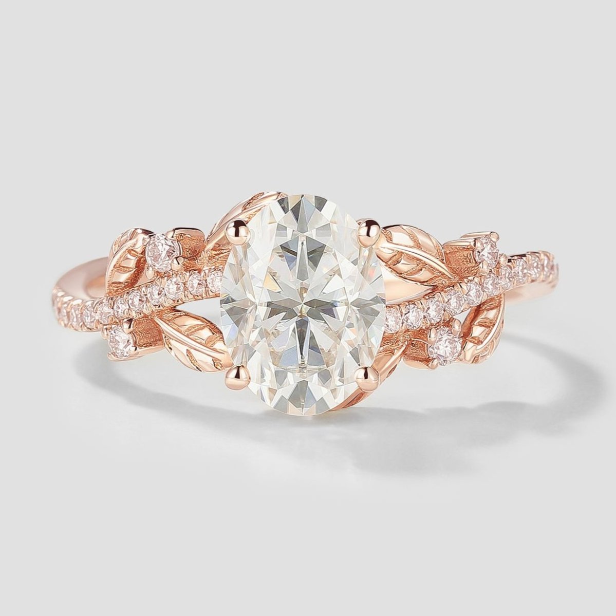 Nature Inspired Oval Cut Moissanite Engagement Ring Leaf Ring