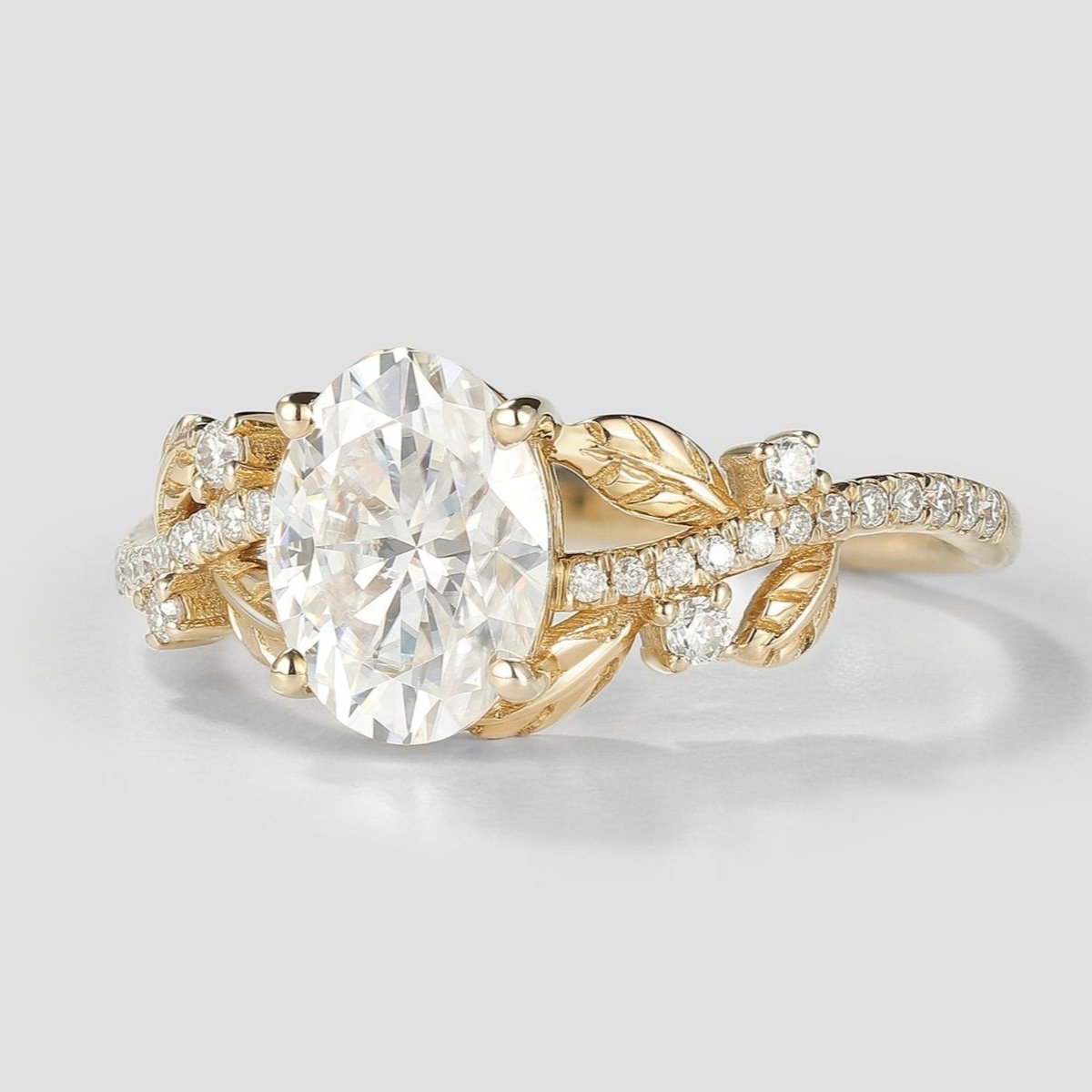 Nature Inspired Oval Cut Moissanite Engagement Ring Leaf Ring