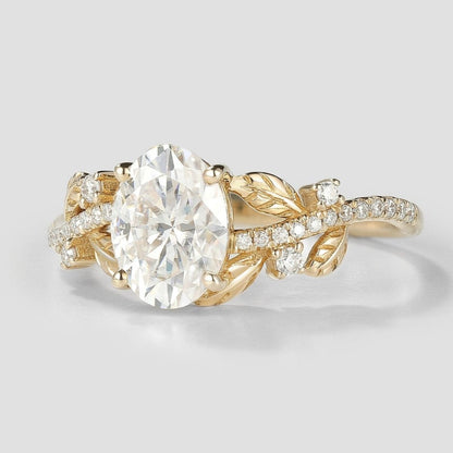 Nature Inspired Oval Cut Moissanite Engagement Ring Leaf Ring