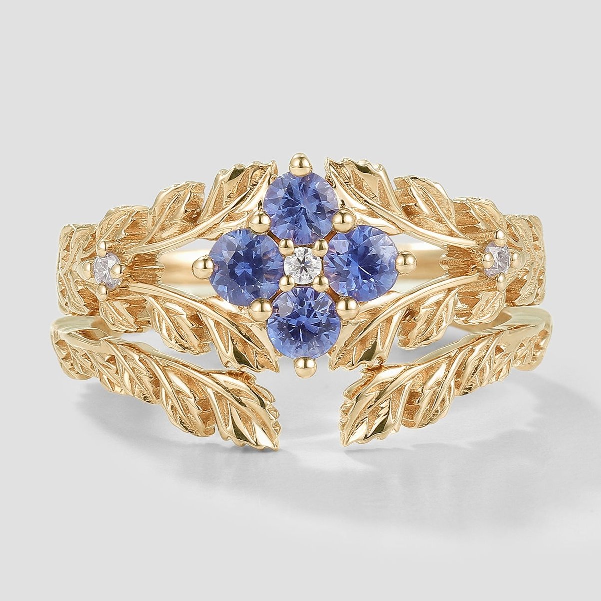Nature Inspired Lab Cornflower Leaf Engagement Ring Set 2pcs