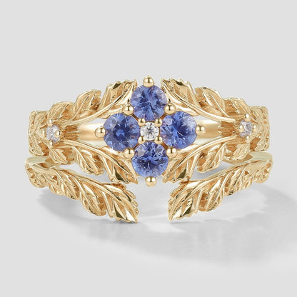 Nature Inspired Lab Cornflower Leaf Engagement Ring Set 2pcs