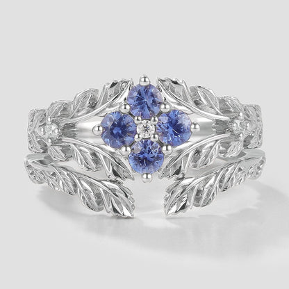 Nature Inspired Lab Cornflower Leaf Engagement Ring Set 2pcs
