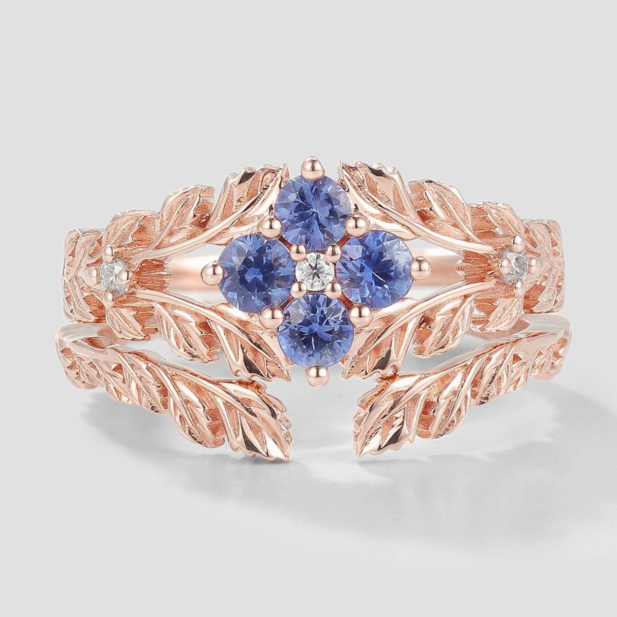 Nature Inspired Lab Cornflower Leaf Engagement Ring Set 2pcs