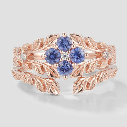 Nature Inspired Lab Cornflower Leaf Engagement Ring Set 2pcs