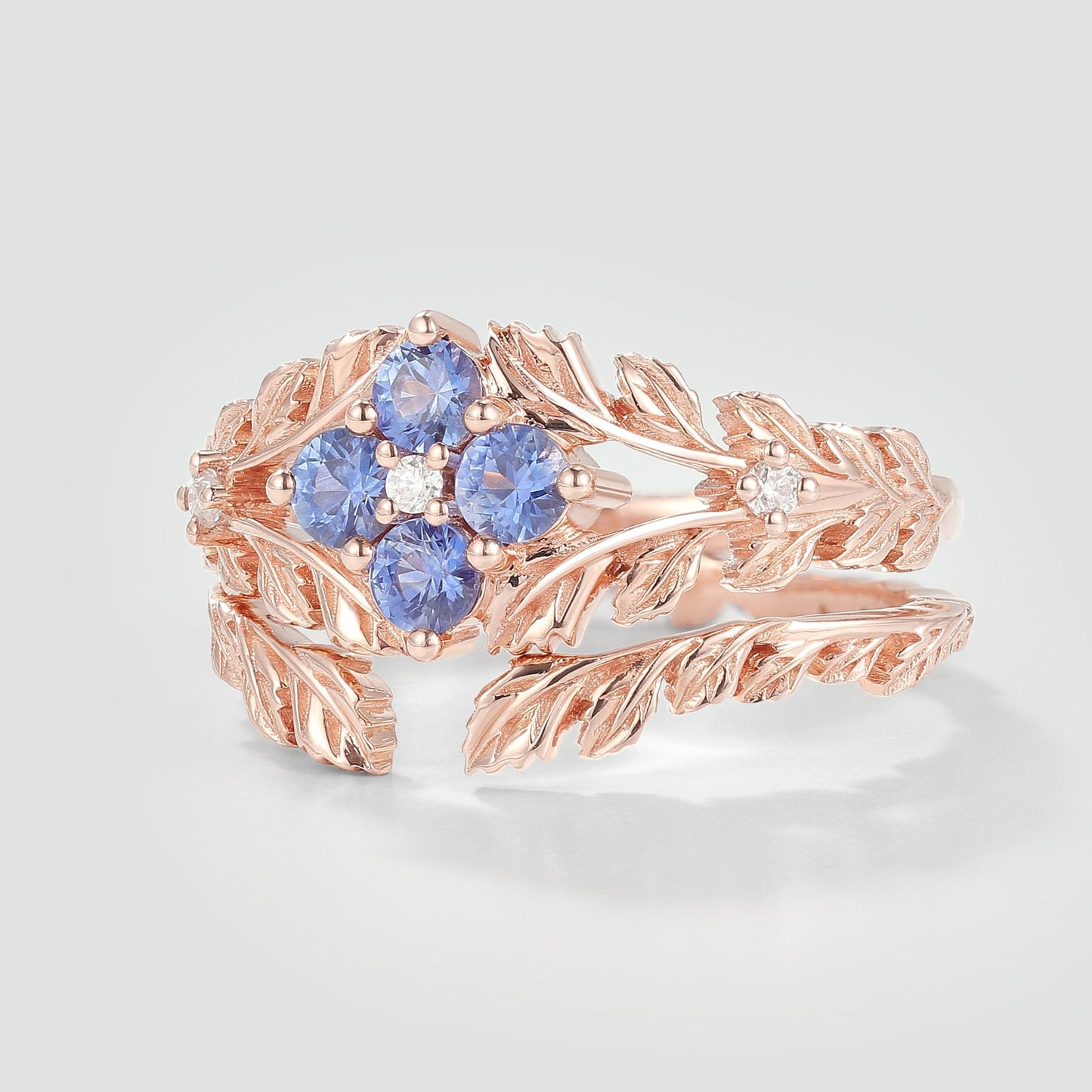 Nature Inspired Lab Cornflower Leaf Engagement Ring Set 2pcs