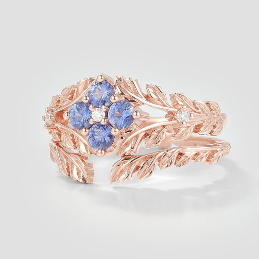 Nature Inspired Lab Cornflower Leaf Engagement Ring Set 2pcs