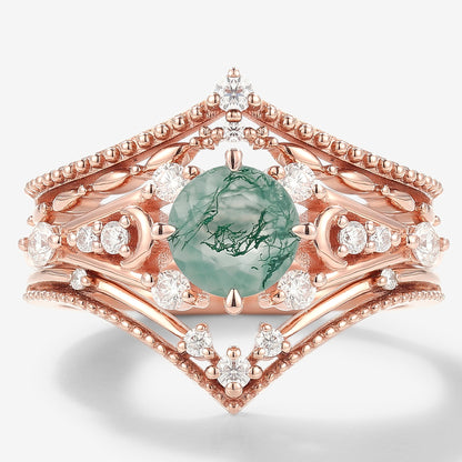 Moss Agate Engagement Ring With 2 Wedding Bands 3pcs Ring Set