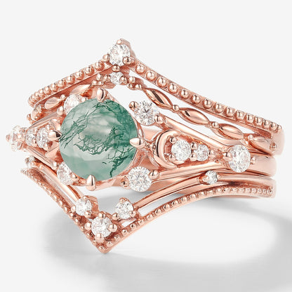Moss Agate Engagement Ring With 2 Wedding Bands 3pcs Ring Set