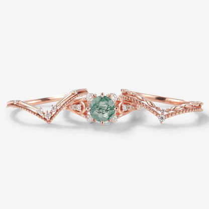 Moss Agate Engagement Ring With 2 Wedding Bands 3pcs Ring Set