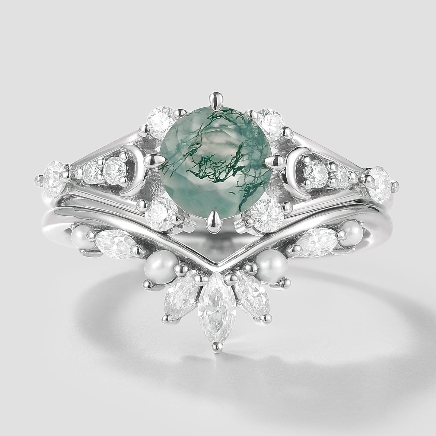 Moss Agate Moon Engagement Ring Moissanite And Pearl Wedding Band 2pcs