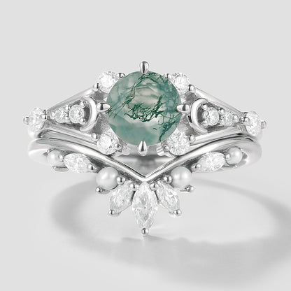 Moss Agate Moon Engagement Ring Moissanite And Pearl Wedding Band 2pcs