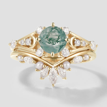 Moss Agate Moon Engagement Ring Moissanite And Pearl Wedding Band 2pcs