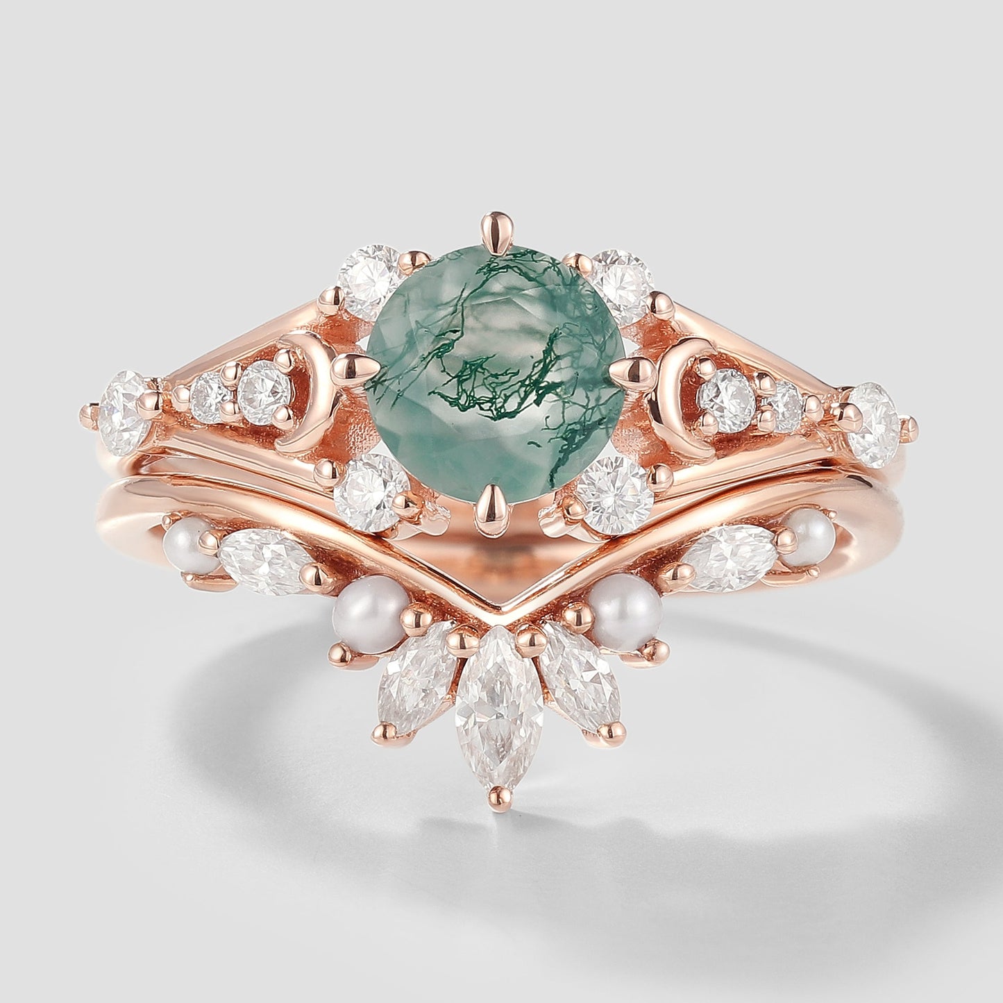 Moss Agate Moon Engagement Ring Moissanite And Pearl Wedding Band 2pcs