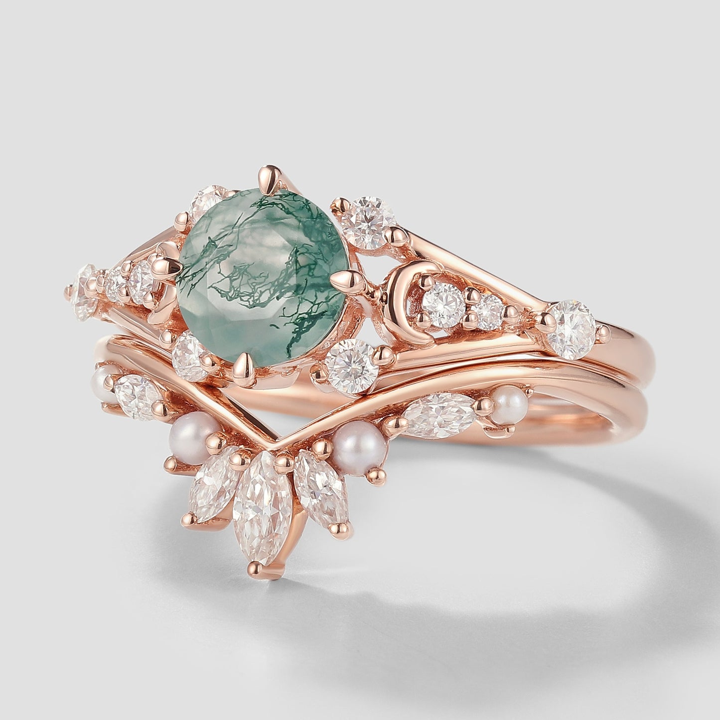 Moss Agate Moon Engagement Ring Moissanite And Pearl Wedding Band 2pcs